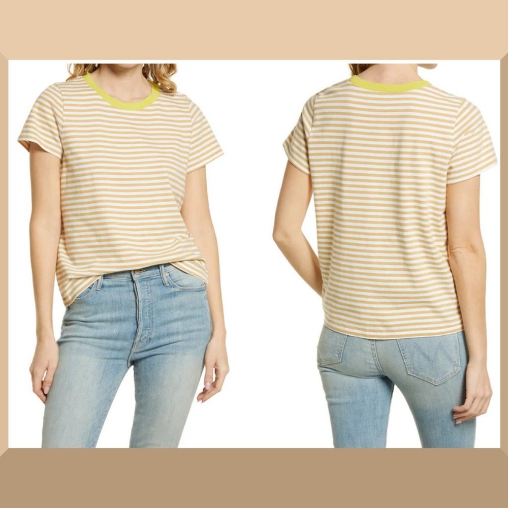 Madewell Beige Stripe Crew Neck Tee, Size S